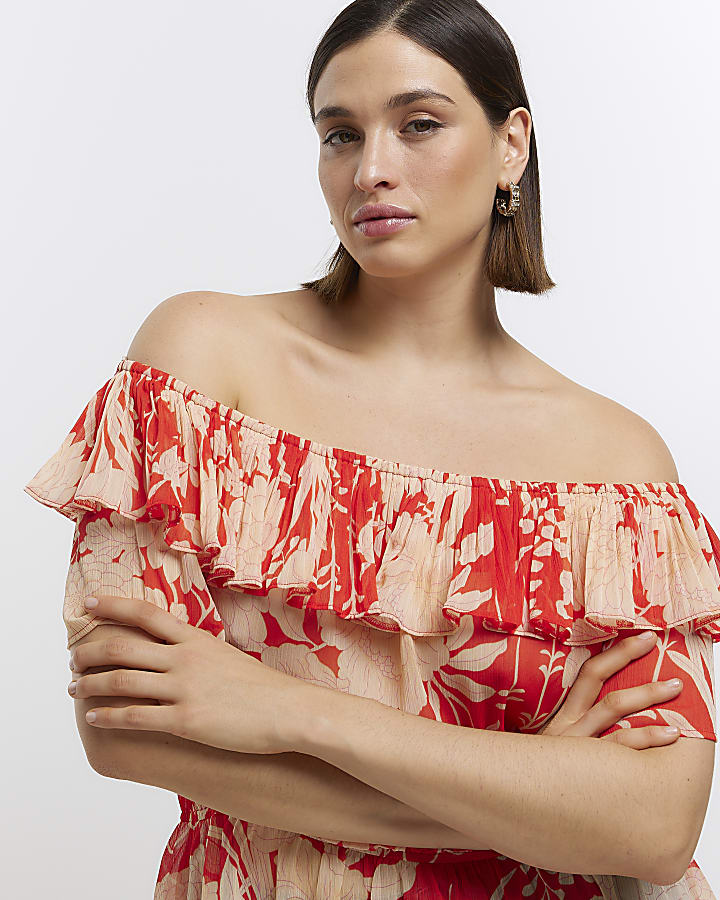 Plus red floral bardot blouse