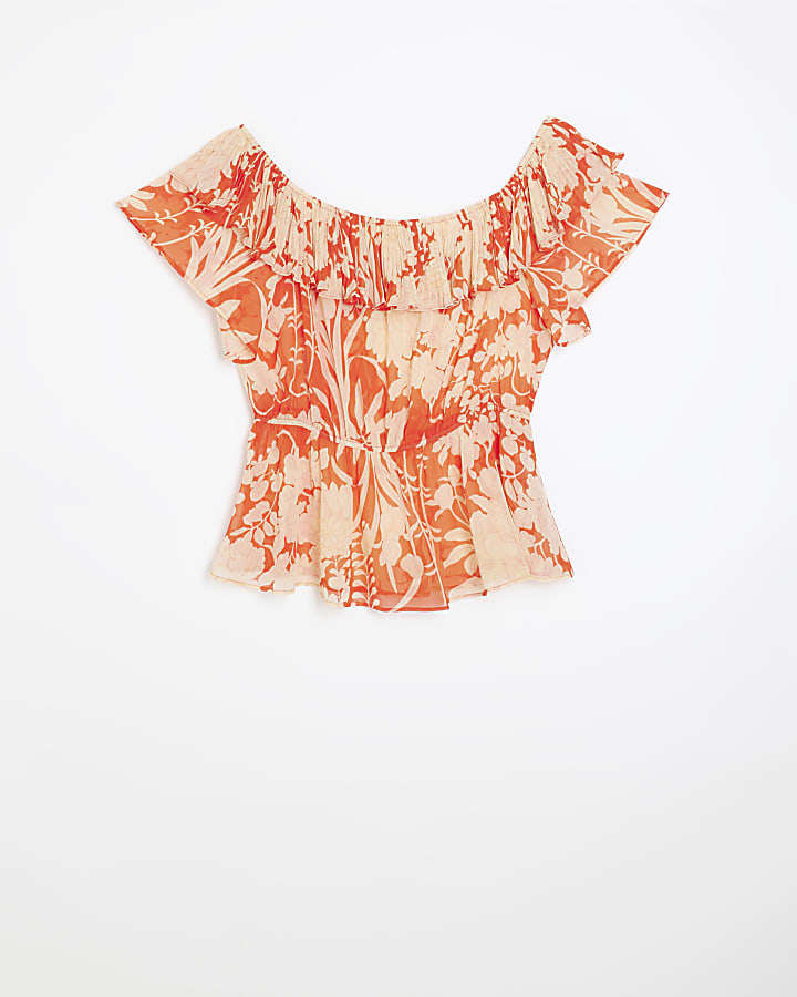 Plus red floral bardot blouse