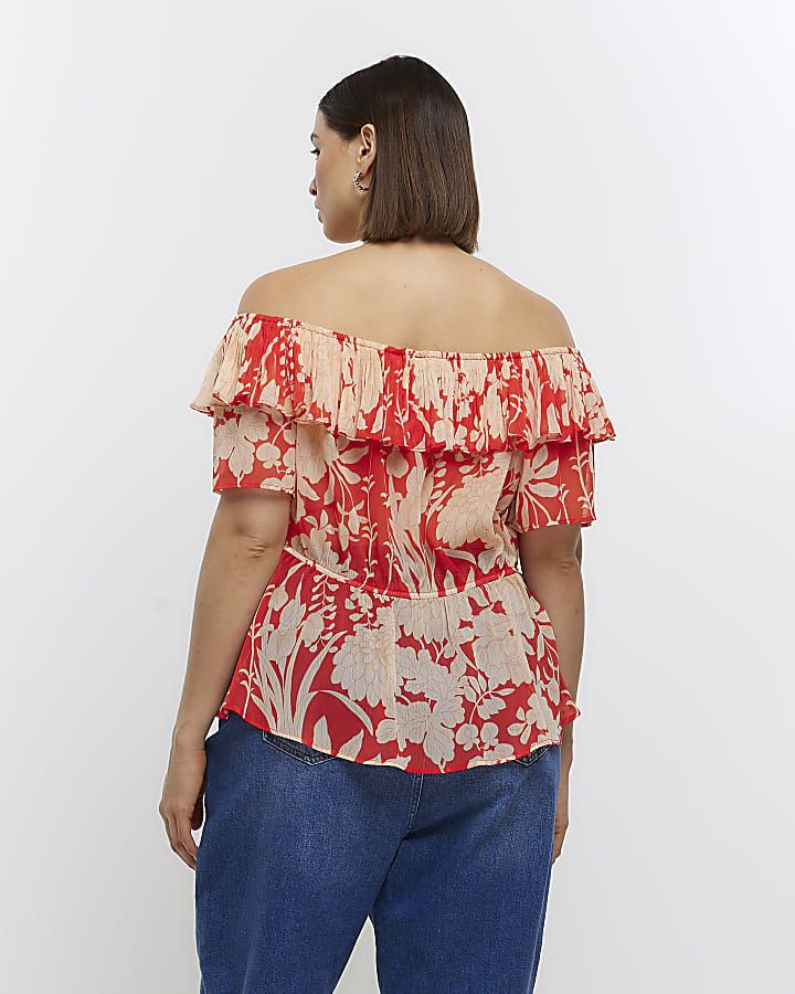 Plus red floral bardot blouse