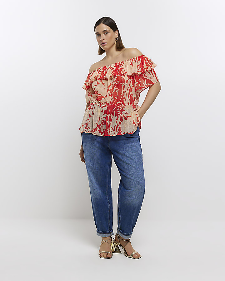 Plus red floral bardot blouse