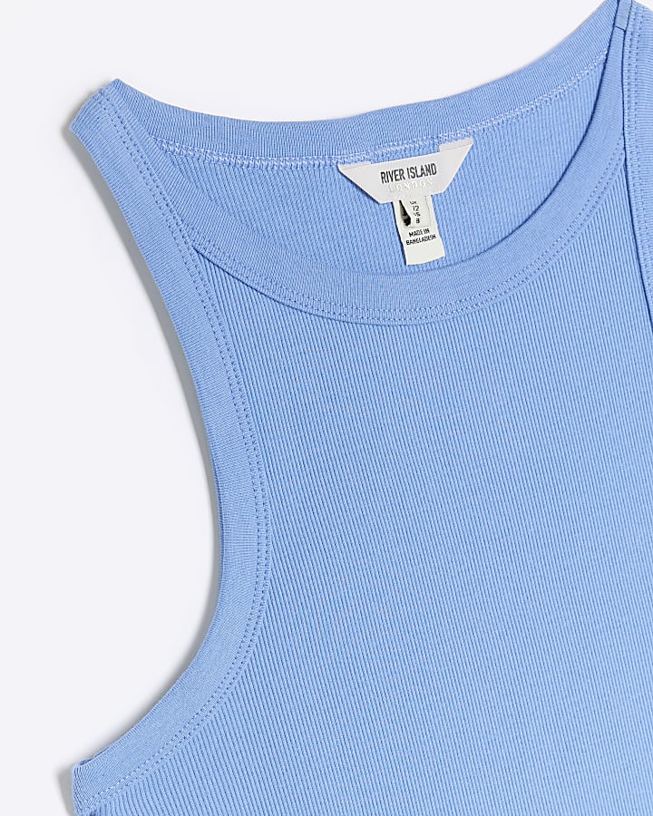 Blue ribbed racer vest top