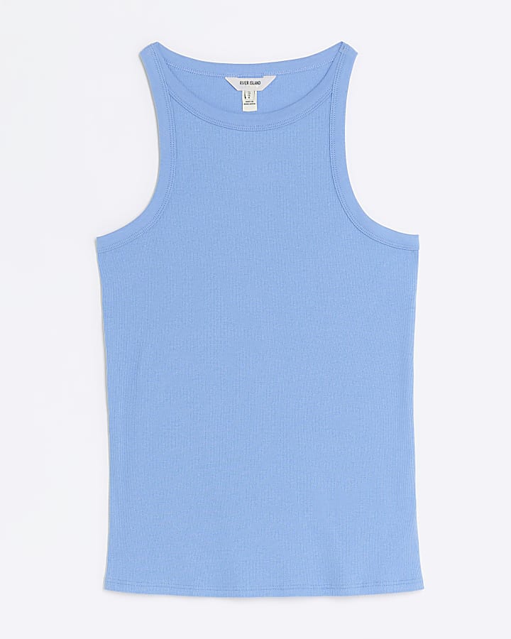 Blue ribbed racer vest top