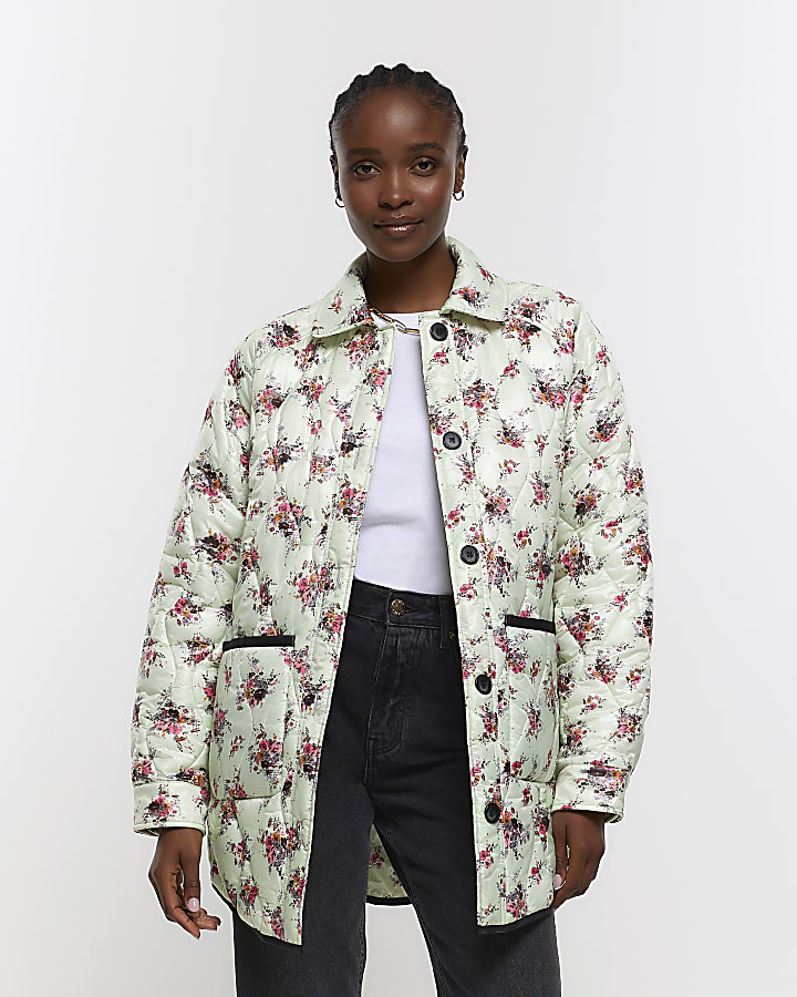 Green floral padded jacket River Island