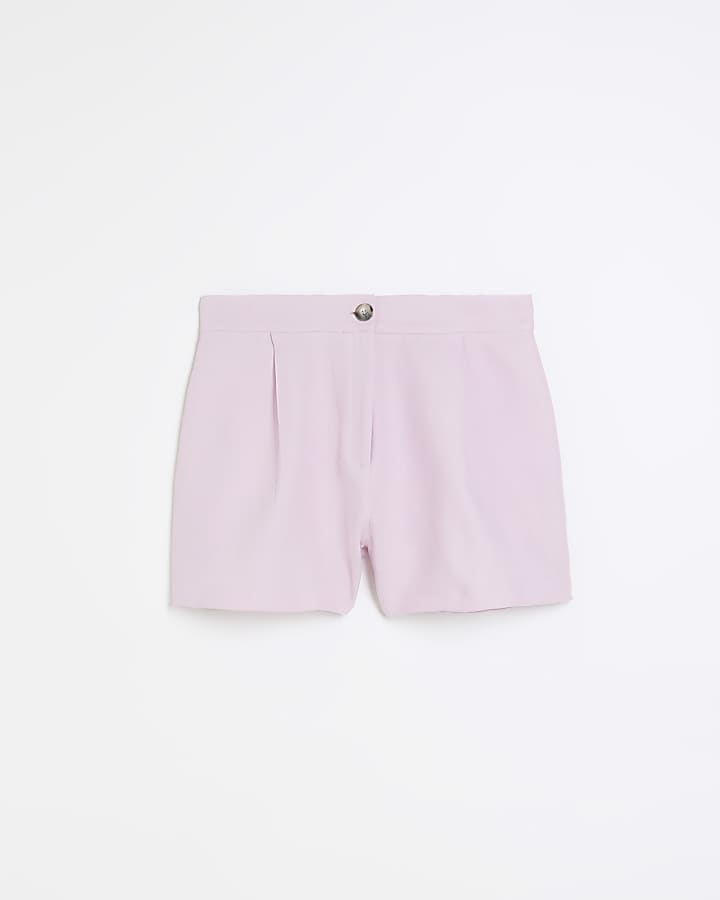 Purple linen blend button shorts