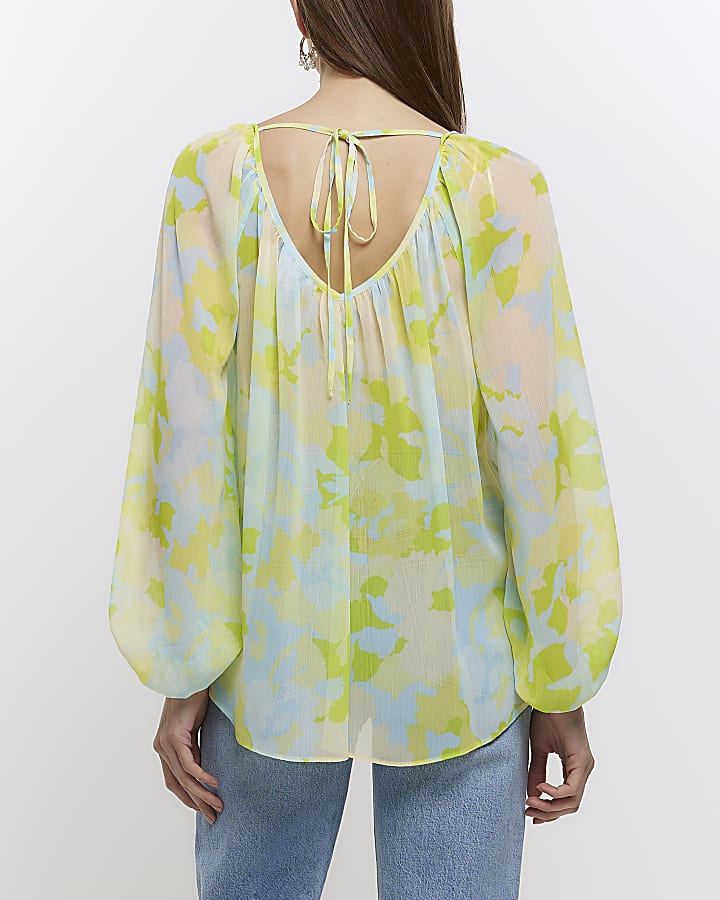 Green chiffon floral puff sleeve blouse