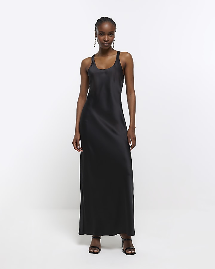 Black satin slip maxi dress