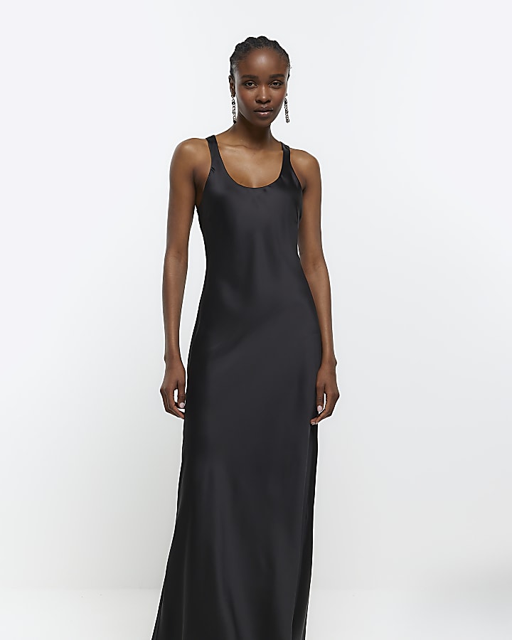 Black satin slip maxi dress