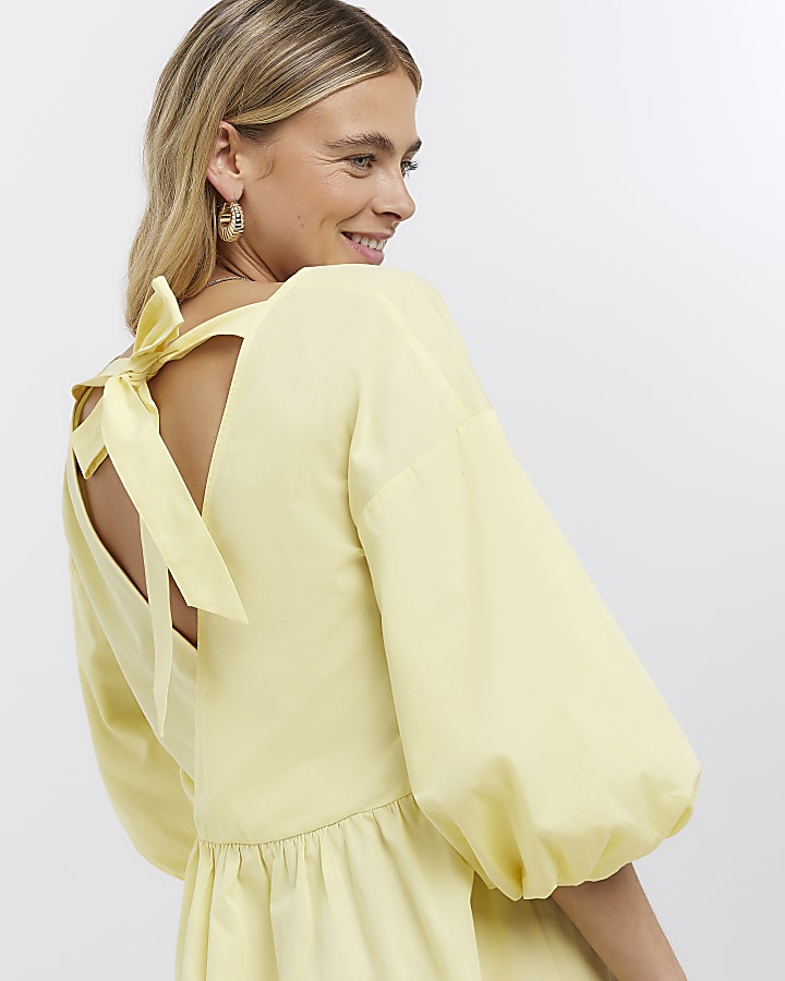 Yellow puff sleeve poplin mini dress