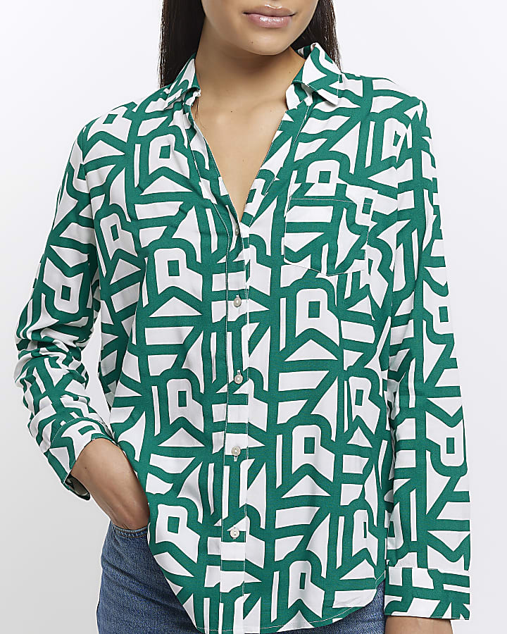 Green print open neck shirt