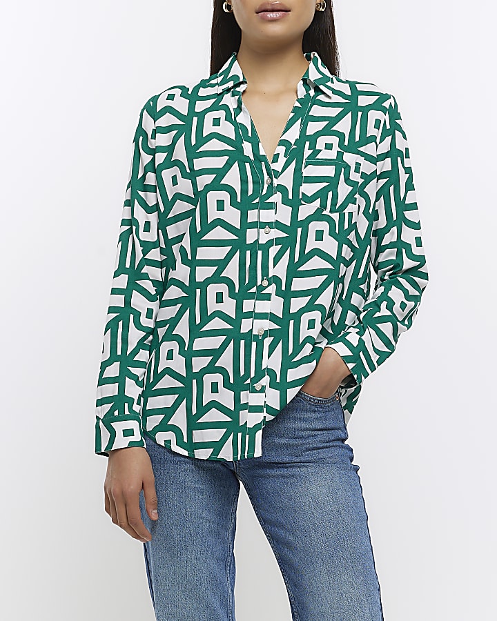 Green print open neck shirt