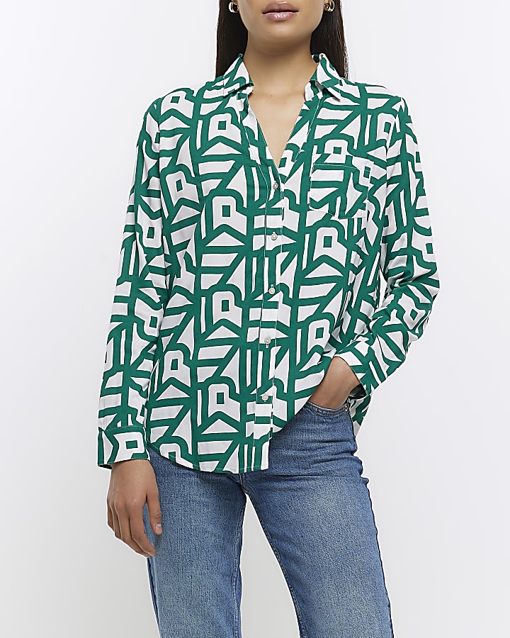 Green print open neck shirt