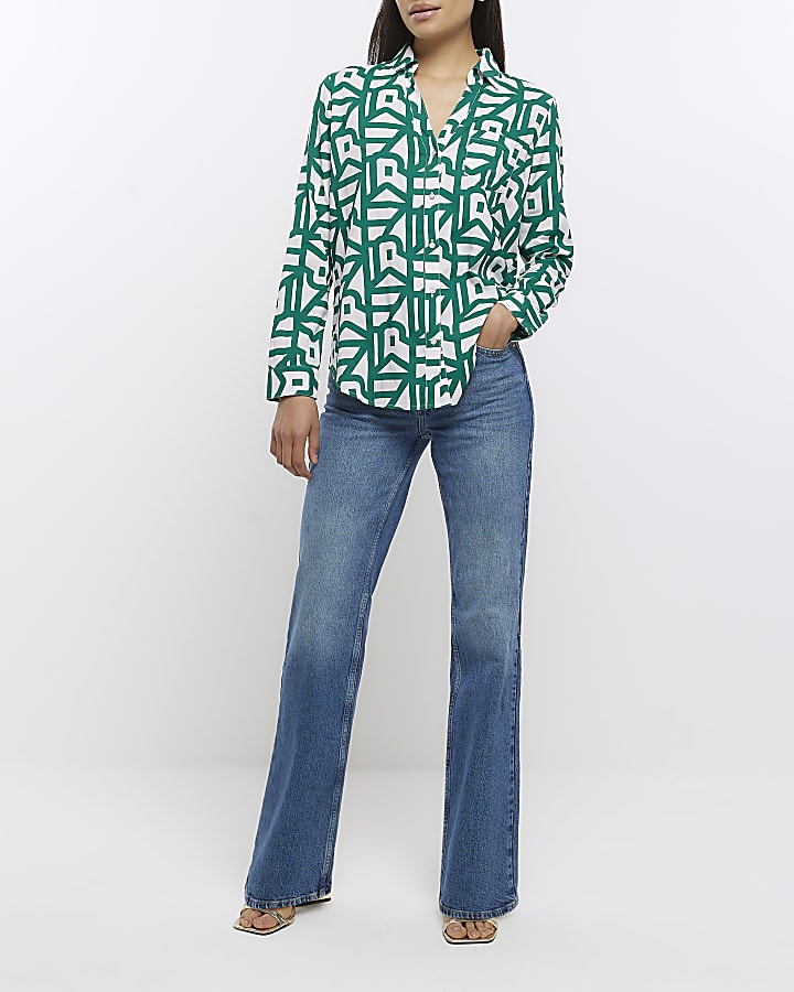 Green print open neck shirt