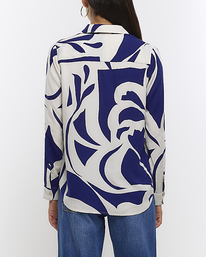 Blue abstract print open neck shirt