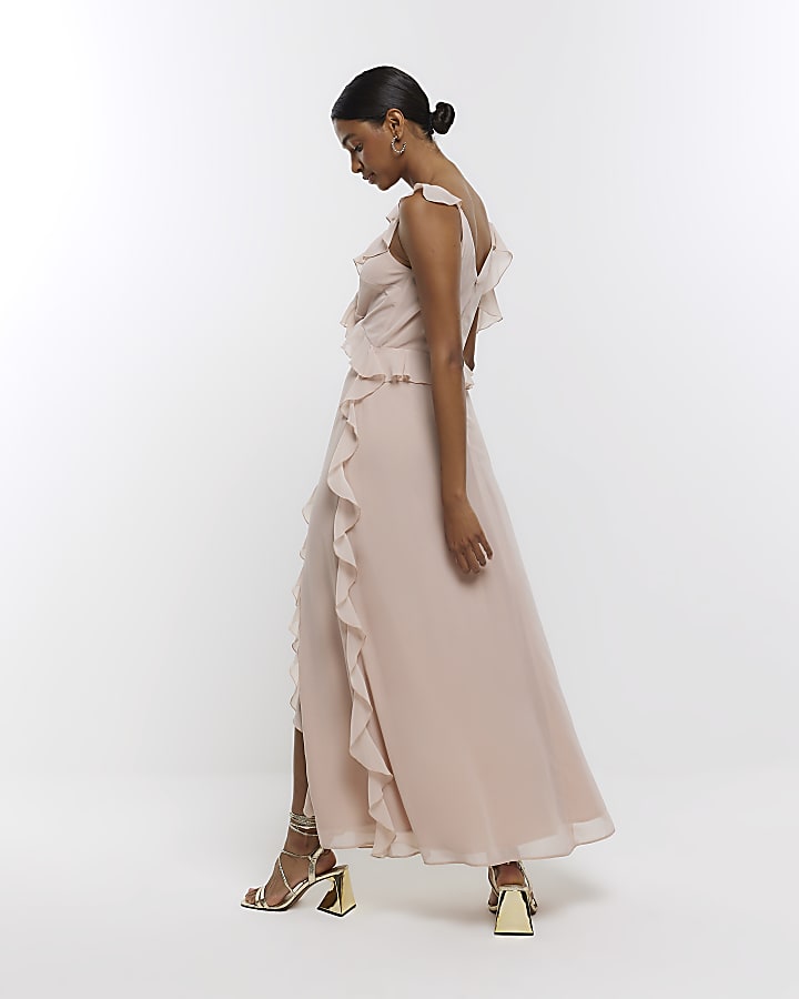 Pink chiffon frill slip maxi dress