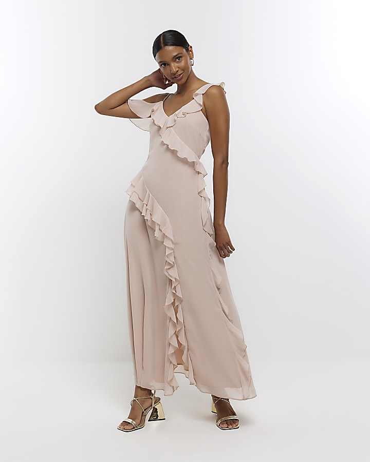 Pink chiffon frill slip maxi dress