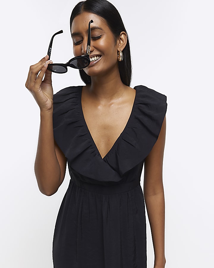 Black swing frill midi dress