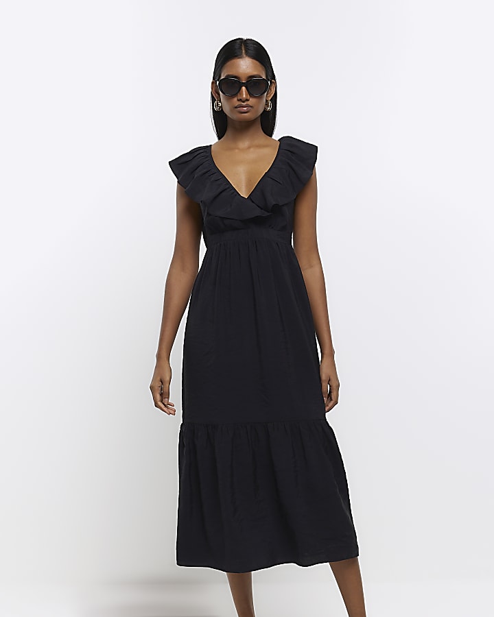 Black swing frill midi dress