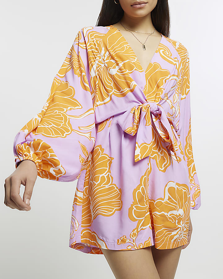 Purple floral balloon sleeve playsuit