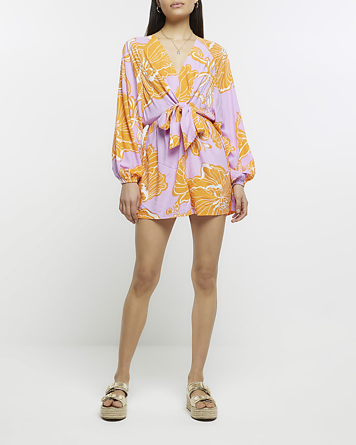Purple floral balloon sleeve playsuit