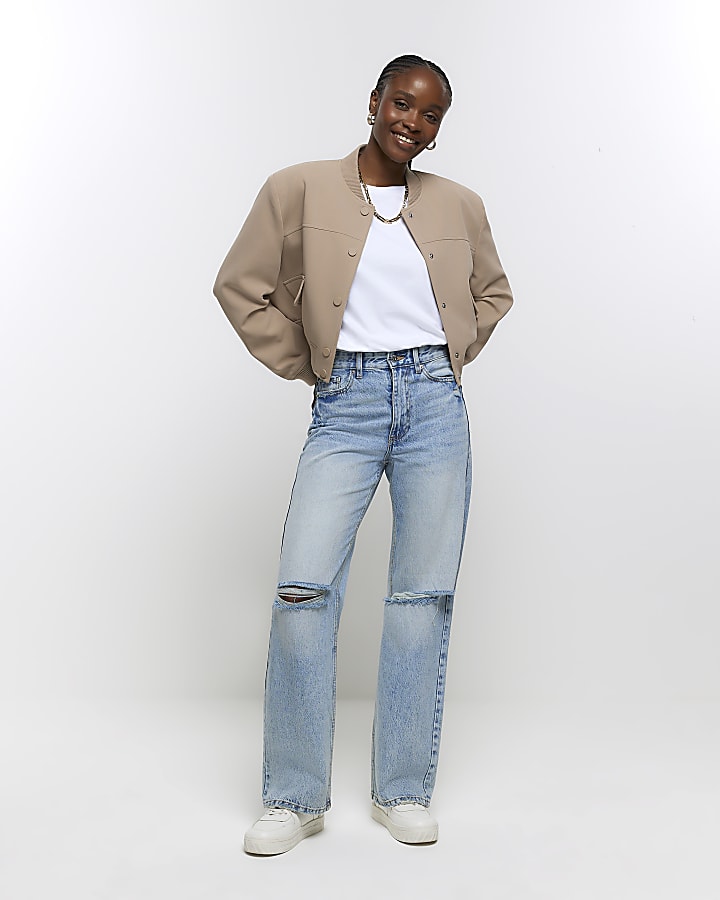 Denim high waisted relaxed straight leg jeans