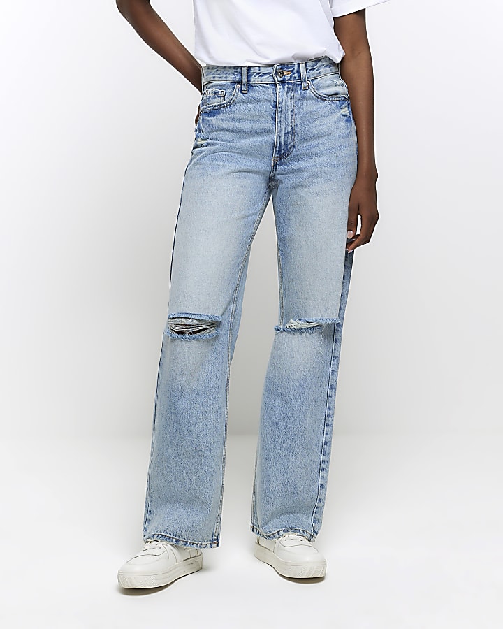 Denim high waisted relaxed straight leg jeans