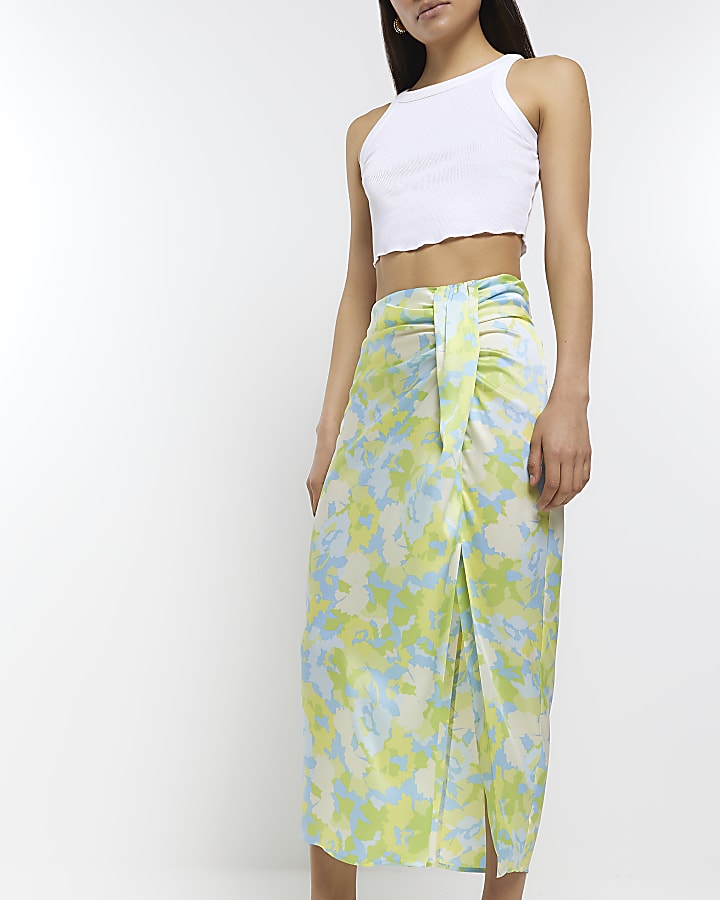 Blue floral Print wrap midi skirt