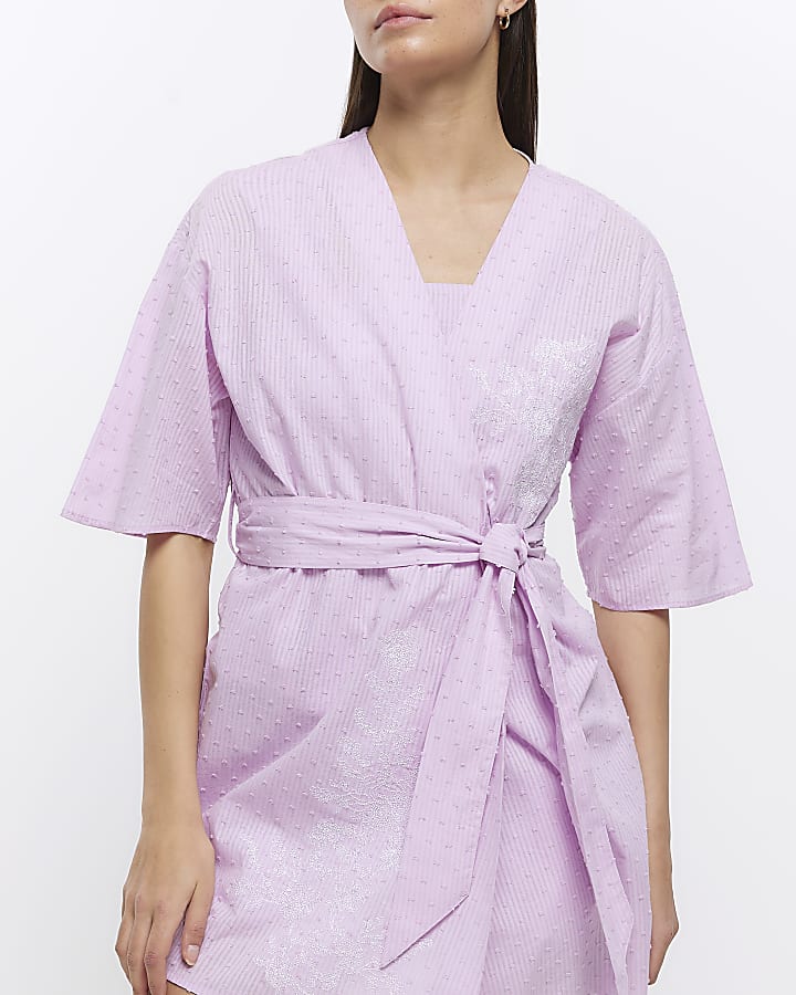 Purple embroidered wrap kimono