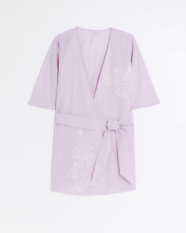 Purple embroidered wrap kimono