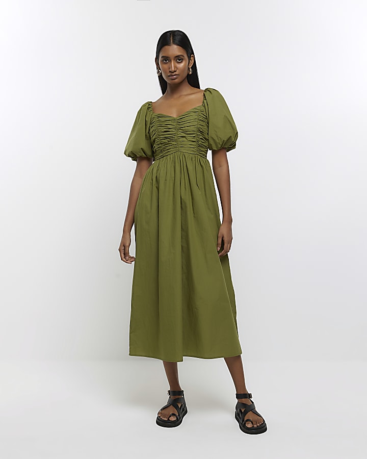 Khaki ruched puff sleeve smock midi dress River Island