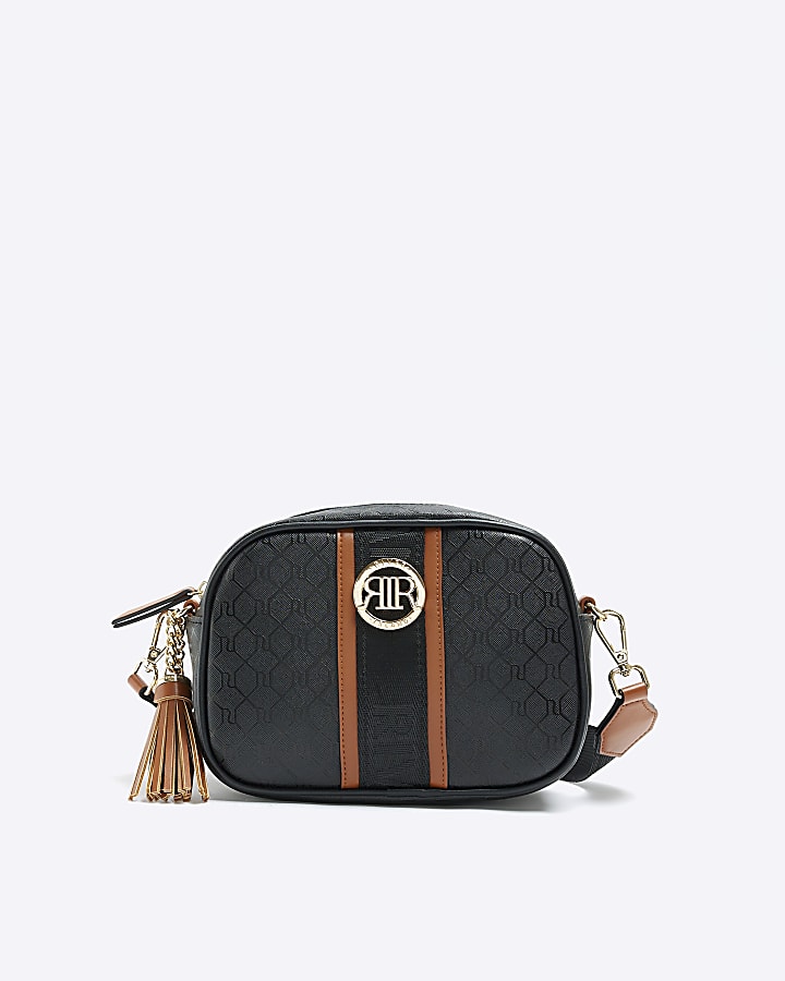 Black monogram cross body bag River Island