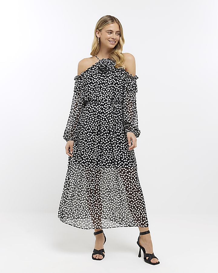 Black corsage halter neck shift midi dress River Island