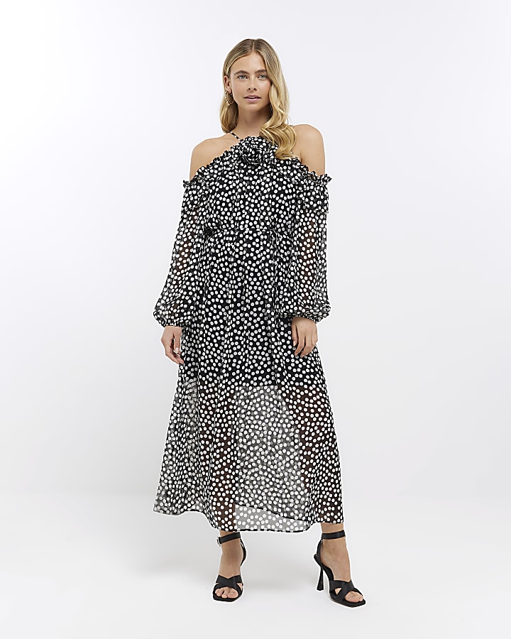 Black corsage halter neck shift midi dress