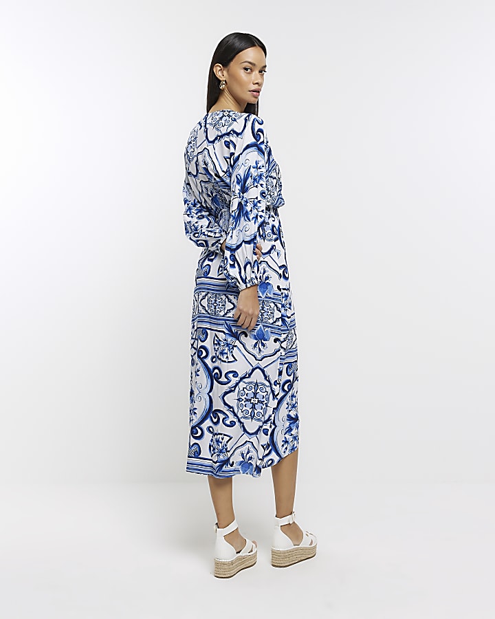 Blue patterned kimono wrap midi dress