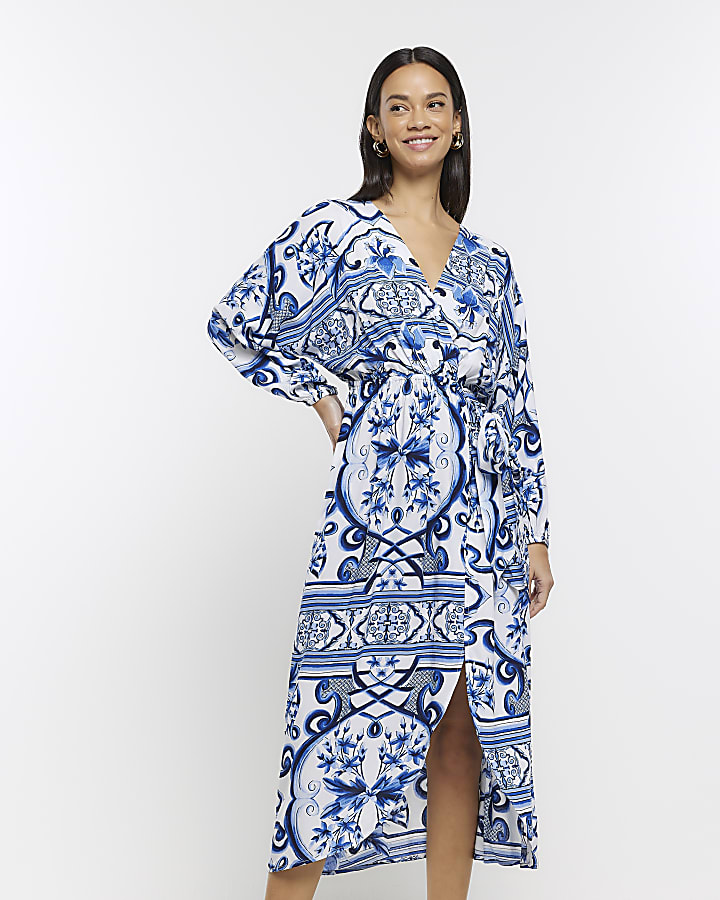 Blue patterned kimono wrap midi dress