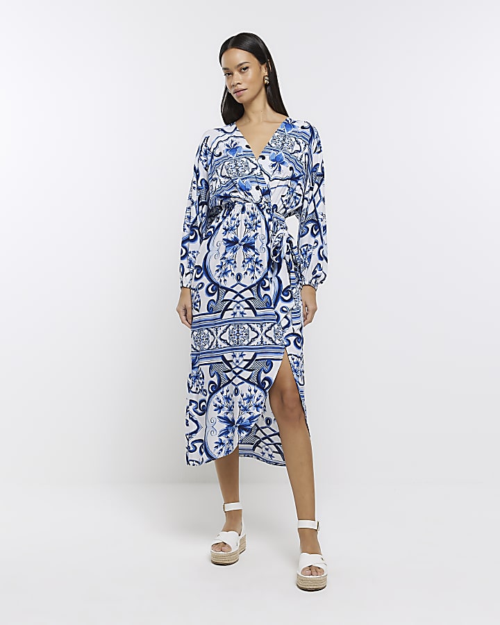 Blue patterned kimono wrap midi dress