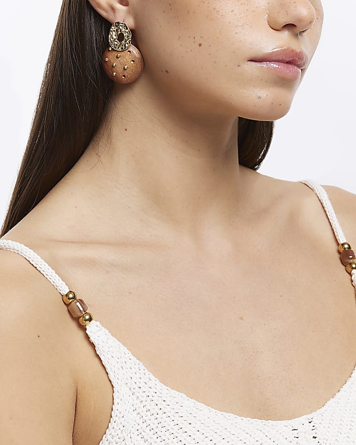 Gold Studded Wooden Earrings