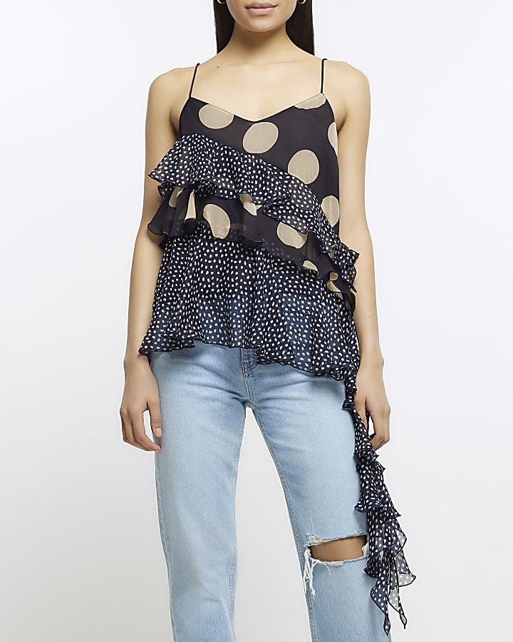 Navy polka dot ruffle cami top River Island