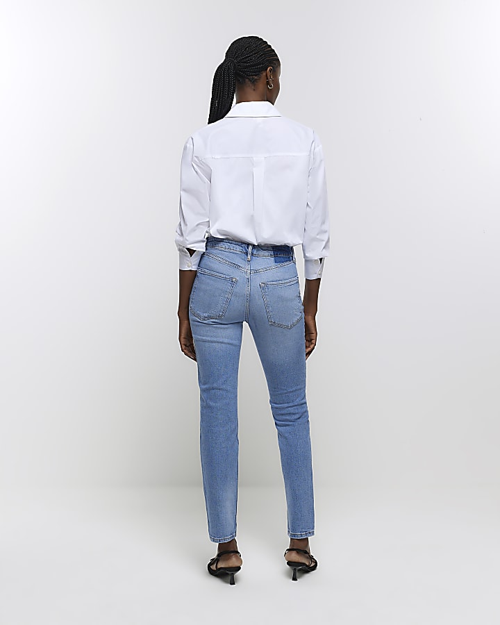 Blue high waisted slim straight jeans