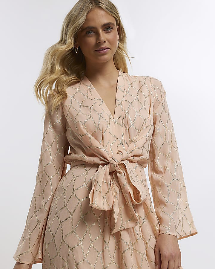 Orange glitter tie waist shift midi dress
