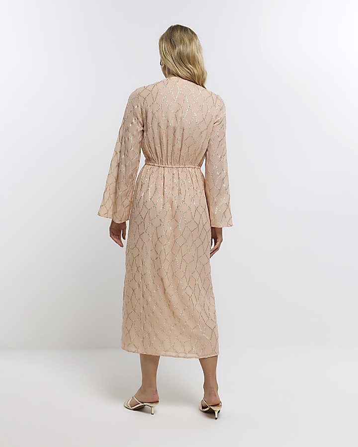 Orange glitter tie waist shift midi dress