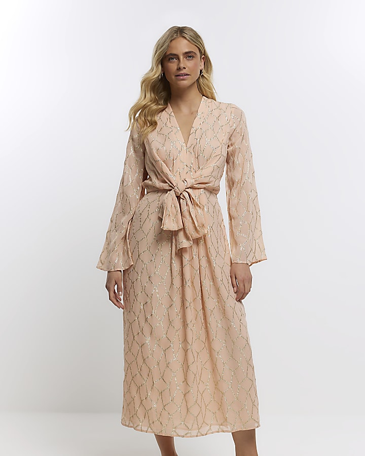 Orange glitter tie waist shift midi dress