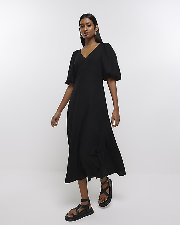 Black puff sleeve smock midi dress with linen