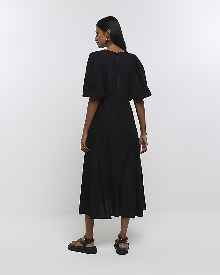 Black puff sleeve smock midi dress with linen