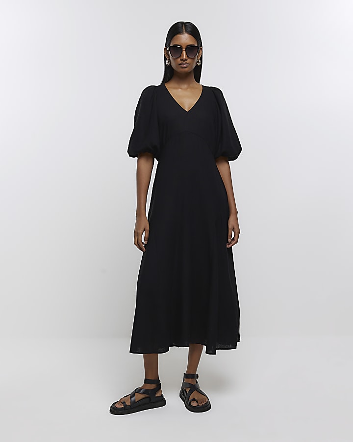 Black puff sleeve smock midi dress with linen