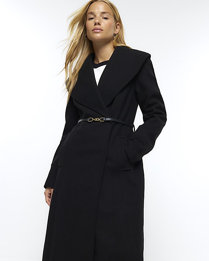 Black belted wrap longline coat