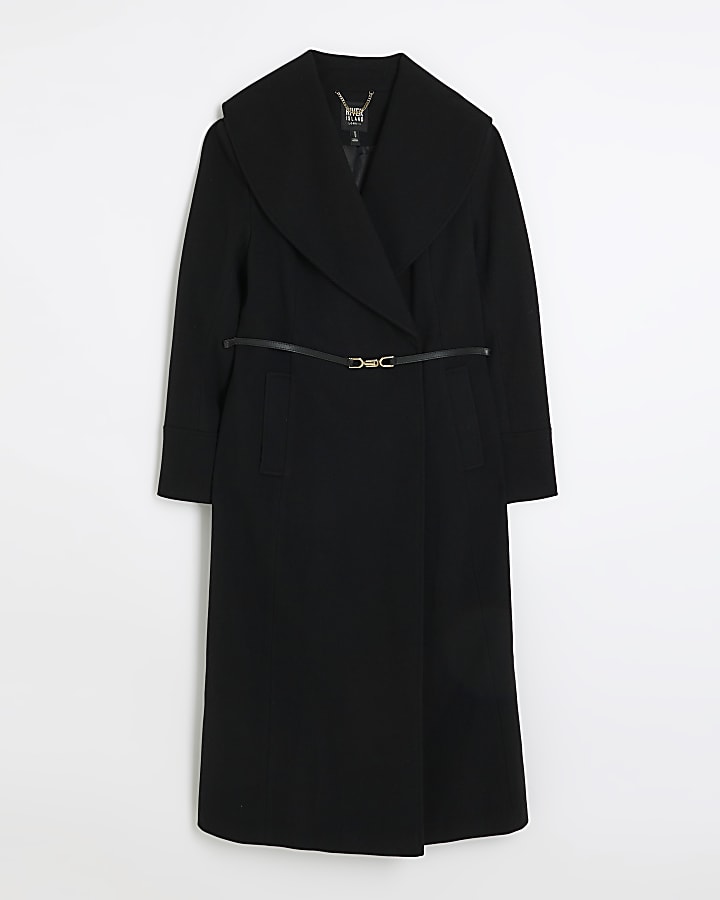 Black belted wrap longline coat