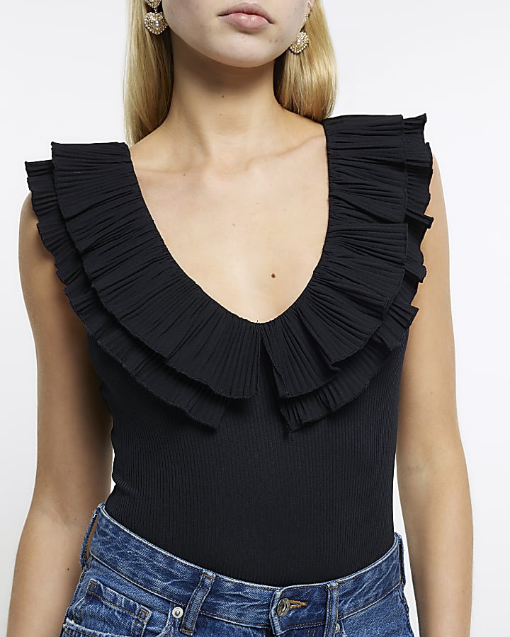 Black frill neckline bodysuit