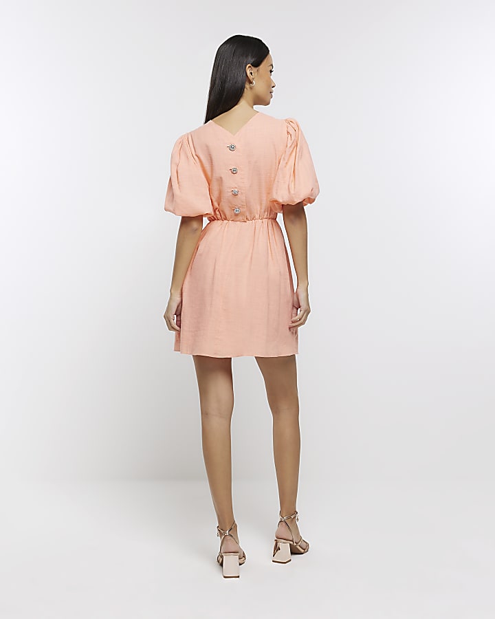 Coral puff sleeve mini dress