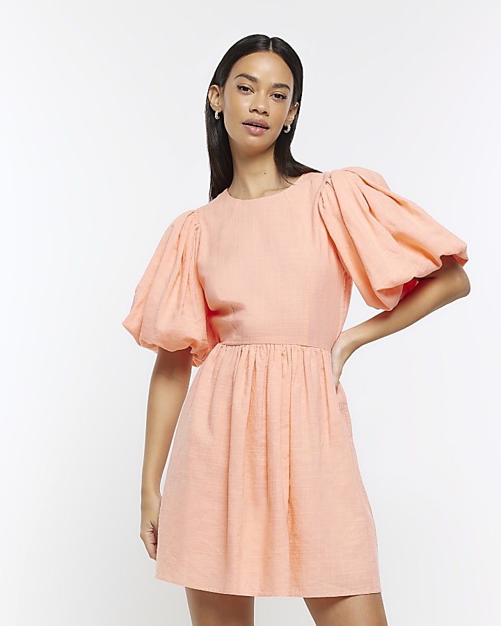 Coral puff sleeve mini dress