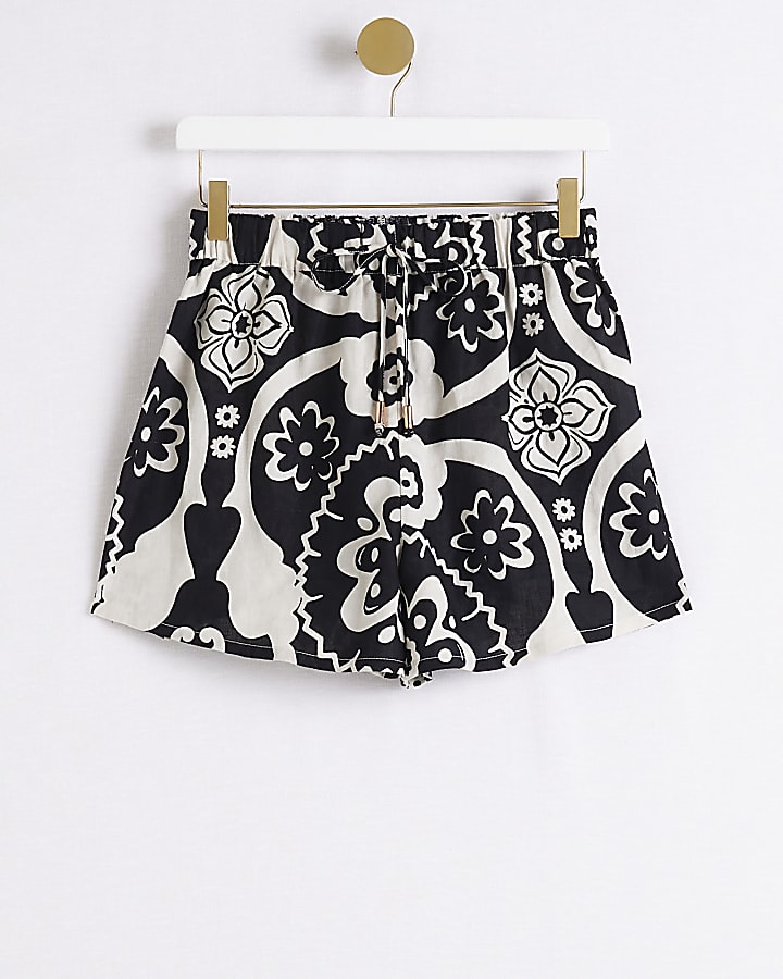 Cream printed linen blend shorts